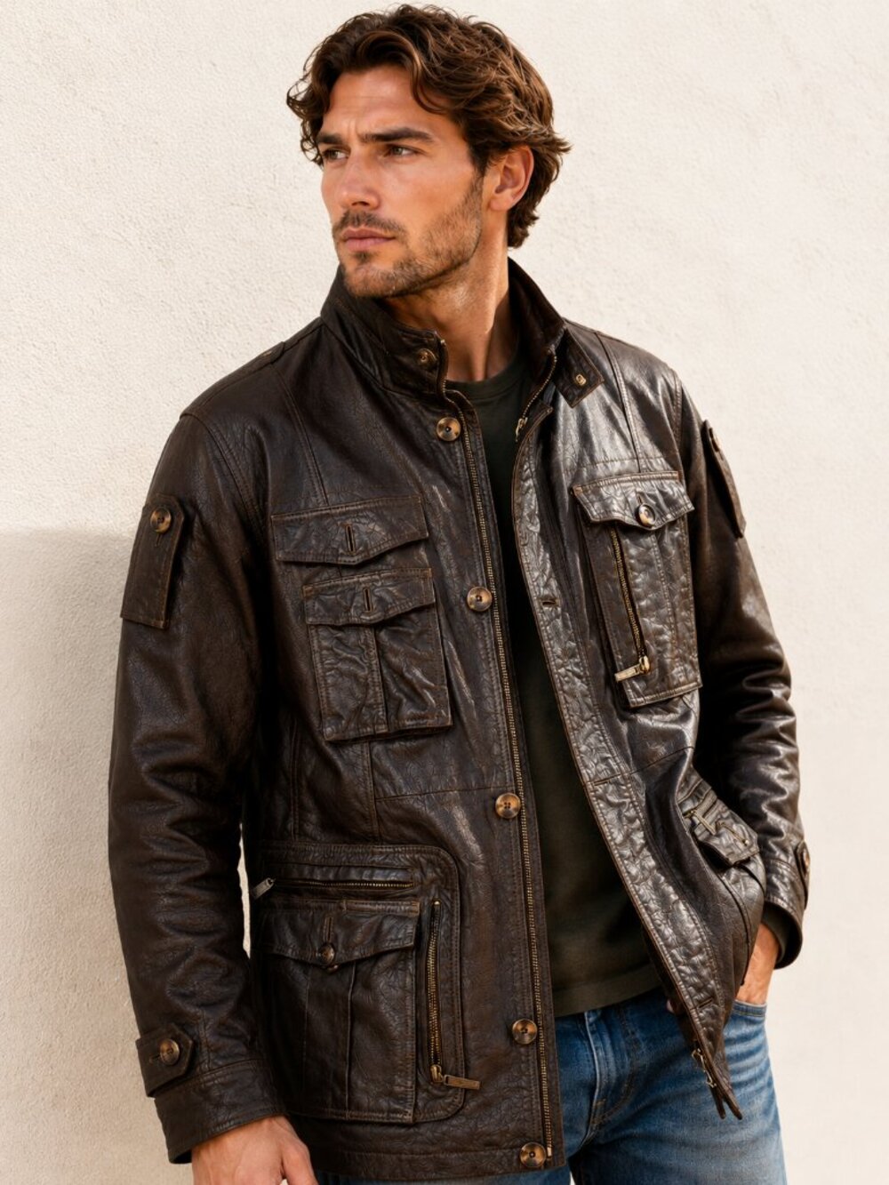 Mark Fairwhale Brown Hogskin Leather Field Jacket Mens XXL Utility Safari Moto